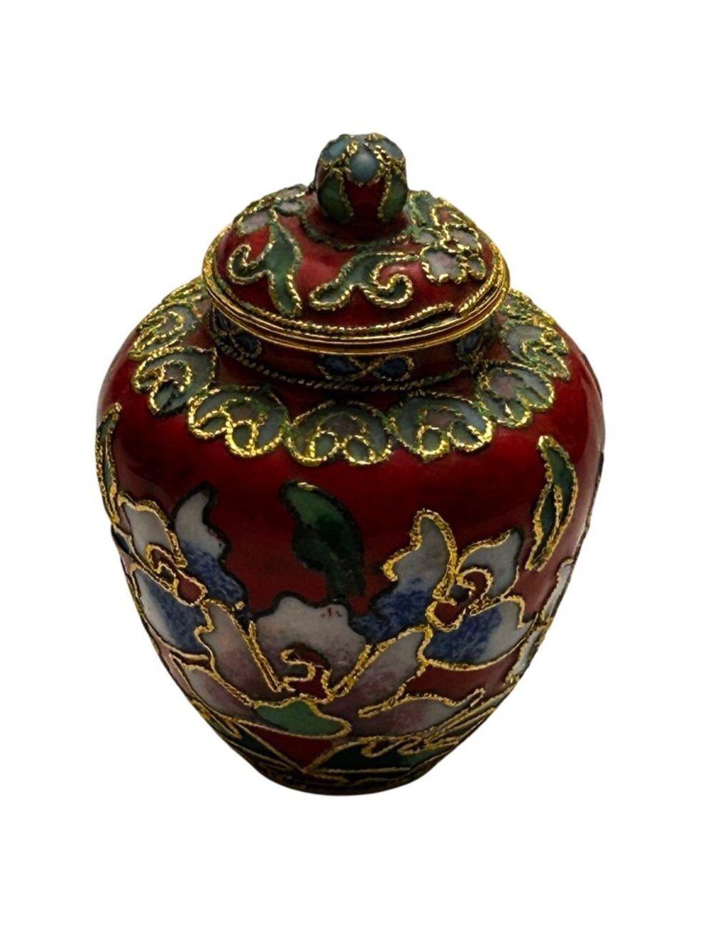 Miniature Red Cloisonné-Style Ginger Jar with Lid Floral Enamel Gold 2.25 In - Picture 5 of 12
